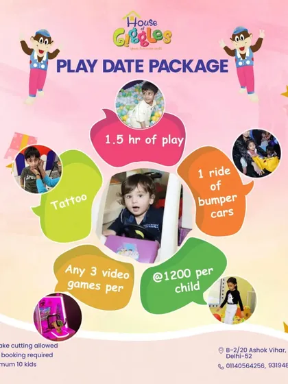 Our Play Date Package is the perfect way to guarantee a day of smiles. It includes playtime, a bumper car ride, video games, and a tattoo for just 1200 per child.