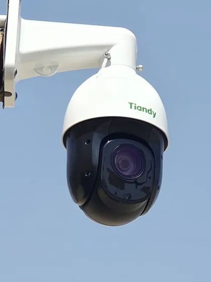 This is a close-up of a Tiandy 2 MP PTZ camera I installed. These are great for covering large outdoor areas because you can pan, tilt, and zoom to see details.