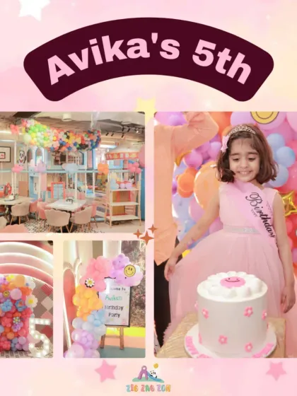 A collage from Avika's super fun 5th birthday! The party was filled with colorful balloons, a beautiful cake, and lots of smiles from the birthday girl.