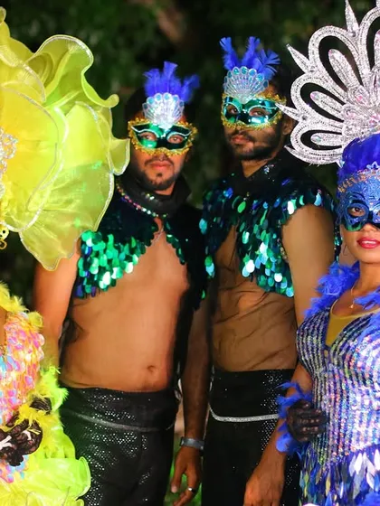 The complete look. Our dancers are pictured here in their elaborate, coordinated costumes, showcasing the quality and creativity we bring to our themed wedding entertainment packages.