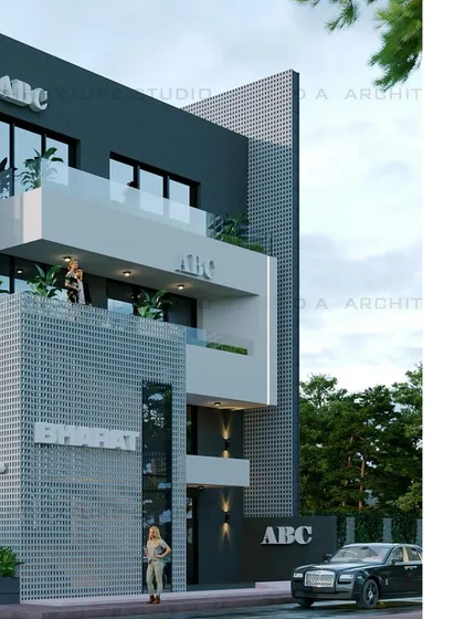 This is a 3D facade concept for a commercial building in Ireo City, Gurgaon. The design uses a combination of dark stone, white blocks, and a distinctive perforated jali screen to create a modern and memorable corporate identity.