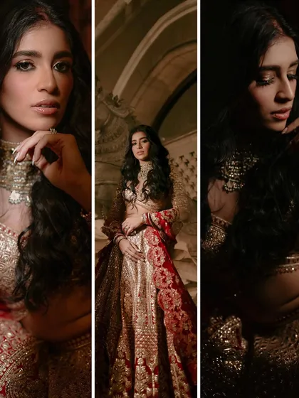 A powerful triptych of the bride in her traditional red and gold lehenga. The close-up shots and dramatic lighting highlight her confidence and the richness of her bridal attire.