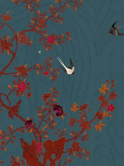 The Wilde Dreams colorway of our Folly design features gracefully embroidered swallows that appear to dance across a deep teal sky, symbolizing an enduring connection and adding a touch of poetic movement to the walls.