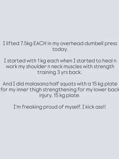 A moment of celebrating my own strength. I share my progress in lifting weights, from starting at 1kg to now lifting 15kg plates. I'm freaking proud of myself. I kick ass.