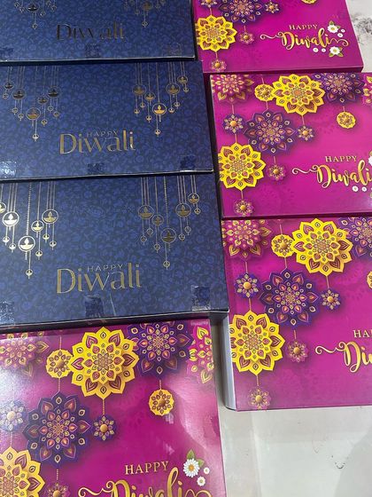 Colorful and vibrant packaging for my Diwali chocolate boxes. I offer multiple designs so you can pick the one that best suits your gift recipient.
