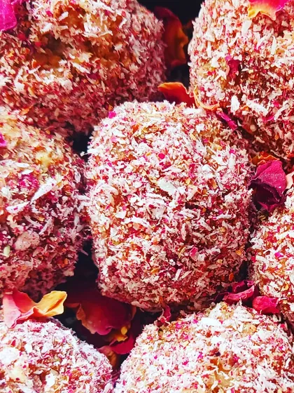 These Rose Coconut Jaggery Laddoos are a simple, no-cook sweet treat. They are naturally sweetened with organic jaggery and flavoured with desi rose petals for a fragrant, healthy indulgence.