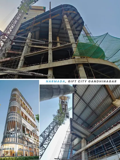 A collage of construction photos and renders for the Narmada project. It provides a comprehensive overview of the site progress as this 30-story commercial landmark takes shape.