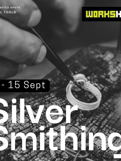 A promotional graphic for our September silversmithing workshop, inviting aspiring makers to learn the craft with special tools in a small-batch setting.