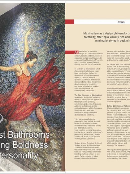 This magazine feature highlights one of our maximalist bathroom designs. The bold mosaic wall art, dark marble, and freestanding basin come together to create a space that is full of personality and drama.