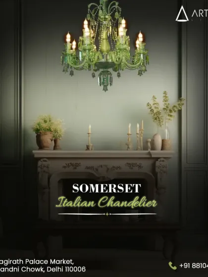 For a touch of classic European artistry, I offer pieces like this Somerset Italian chandelier. The unique green glass and intricate detailing make it a rare masterpiece that adds a bold yet timeless element to any room.