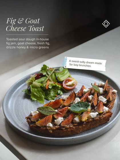 A sweet and salty dream for lazy brunches. This is our Fig & Goat Cheese Toast, made with toasted sourdough, in-house fig jam, creamy goat cheese, fresh figs, and a drizzle of honey.