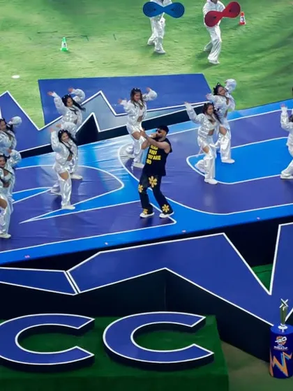 An aerial view of Badshah's performance on the custom-built ICC stage during the T20 World Cup opening ceremony. Our team was responsible for the stage design, construction, and on-field logistics.
