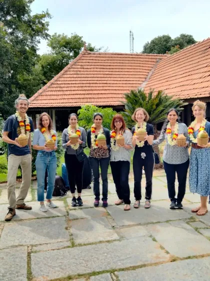 We were delighted to welcome our Kerala Ayurveda Academy team. Here they are, enjoying our traditional welcome with fresh coconuts, ready to immerse themselves in the practical and spiritual side of our wellness center.