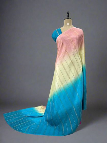 A stunning Rangkat pure Mysore silk saree blending shades of pink, yellow, and blue.