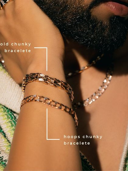 Make a statement with our Noya men's bracelets. This image highlights two of our chunky bracelet styles, one in a classic gold link and the other with a modern hoop design.