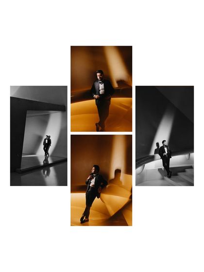 A collage of groom Shrey's portraits from his engagement. The mix of color and black and white, along with the artistic lighting, showcases his sharp and sophisticated look.