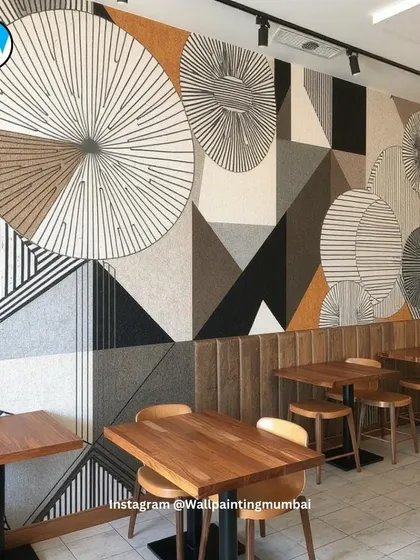 This abstract geometric mural was designed for a modern cafe, creating a sophisticated and stylish atmosphere. The clean lines and balanced composition complement the minimalist decor, showing how art can enhance a brand's aesthetic. Each piece is custom-designed to fit the space perfectly.