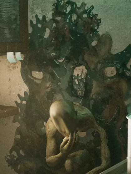 A different angle of the 'Blind Thief' scene, showing more of the decaying, mold-like entity it emerges from. This view emphasizes the creature's connection to its grotesque source.