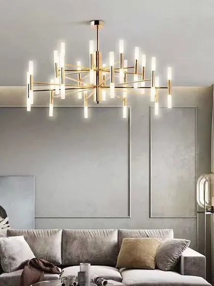 A modern sputnik-style chandelier with numerous linear lights. This fixture provides ample, multi-directional light, making it a great choice for large living rooms or dining areas.
