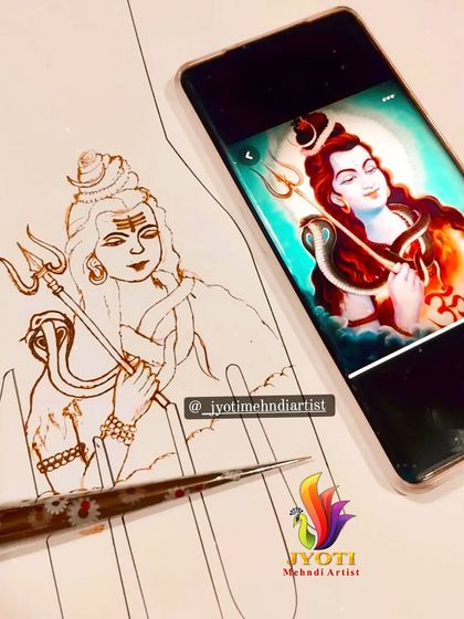Here you can see my practice sketch of Lord Shiva next to the reference image. I teach my students how to translate a picture into a beautiful mehndi outline.