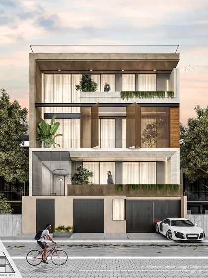 An alternative design for the New Friends Colony residence. This version emphasizes layered terraces and vertical wooden screens to enhance privacy while maintaining a strong connection between the indoor and outdoor spaces.