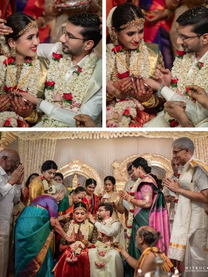 Capturing the beautiful rituals of a South Indian wedding. The couple looks serene in their coordinated cream and gold outfits, adorned with fresh flower garlands. My role is to ensure their attire is perfect for these sacred moments.