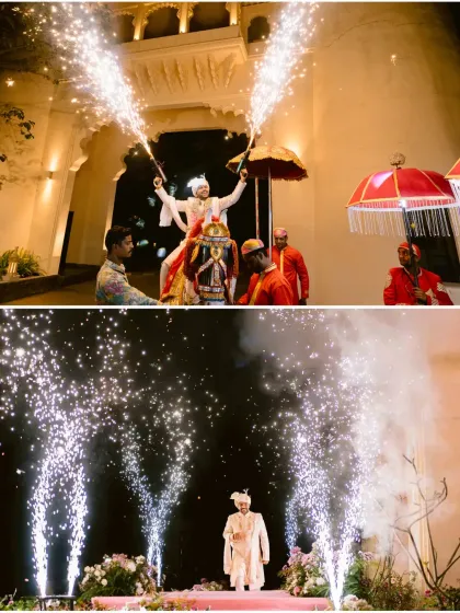The groom's grand baraat entry at the Alila Bishangarh wedding, complete with cold pyro fireworks, making for a dramatic and unforgettable start to the ceremony.