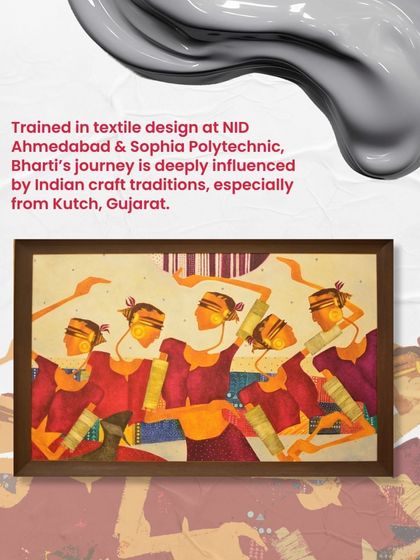 A work by Bharti Prajapati, whose journey began in textile design. Her paintings reimagine folk art with a contemporary lens, celebrating community and the everyday beauty of village life.
