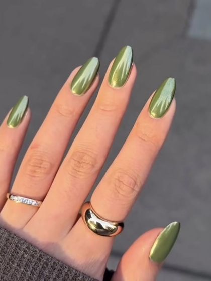 A swatch of a new gel color: a stunning olive green chrome.