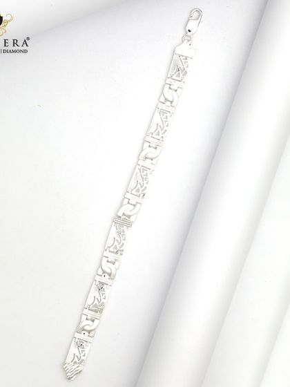 A men's silver bracelet with unique, stylized links. This piece is perfect for making the wrist a center of attention.
