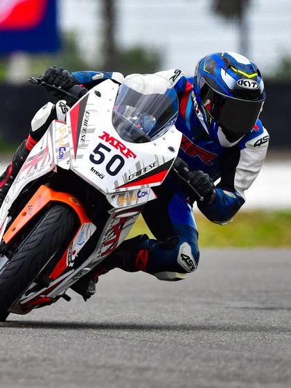 Rohith in a full lean during his INMRC race. He's steadily finding his balance and confidence with the new machine.
