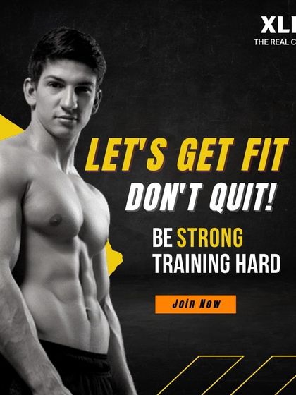 Let's Get Fit, Don't Quit! Be Strong, Training Hard. A graphic with a lean athlete, motivating you to stay committed.