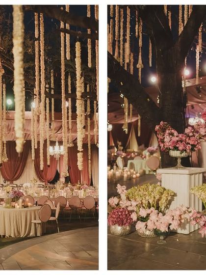 Details from the wedding dinner setting, with hanging floral installations and beautifully arranged tables creating a warm and inviting atmosphere.