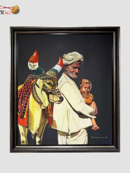 A heartwarming painting by Parshuram Patil of a grandfather and his grandchild with a decorated Nandi, capturing a moment of intergenerational love and tradition.