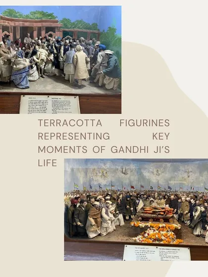 Detailed terracotta figurines inside the Gandhi Smriti museum, depicting key moments from Gandhi's life, including the Dandi March. These dioramas are a powerful narrative tool, translating complex historical events into accessible visual scenes.