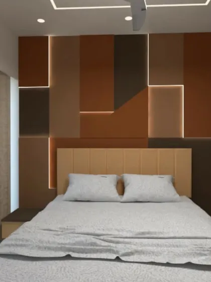 Exploring different back wall designs for a bedroom. This option uses color-blocked panels with integrated lighting.