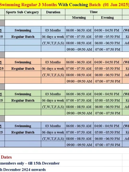 For those looking for a longer commitment, this is the schedule for our 3-month regular swimming batches for 2025. We offer multiple morning and evening slots to fit your routine.