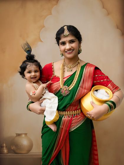 Mother as Yashoda holding a pot of butter while carrying her little Krishna. The soft lighting and classic pose give this photo a timeless, painting-like quality.