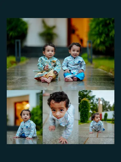 A milestone session is perfect for capturing your baby's budding personality. This collage showcases a variety of shots from a single outdoor photoshoot, from playful crawling to curious gazes and a happy portrait of the twins together.