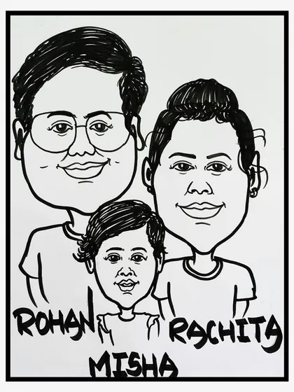 A family caricature drawn live at an event in Powai. I can include parents and children in a single portrait, creating a special family keepsake.