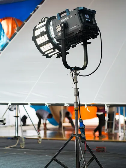 The Evoke 5000B on set, demonstrating its power and versatility as a key light source.