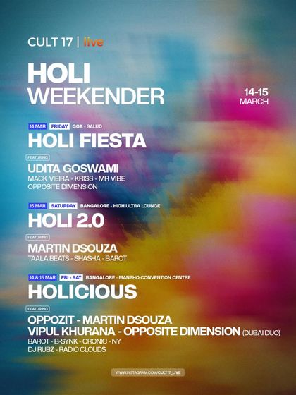 A poster for the "Holi Weekender," covering events in both Goa and Bangalore. This shows my capability to execute multi-city festival weekends, coordinating logistics and marketing across different locations.