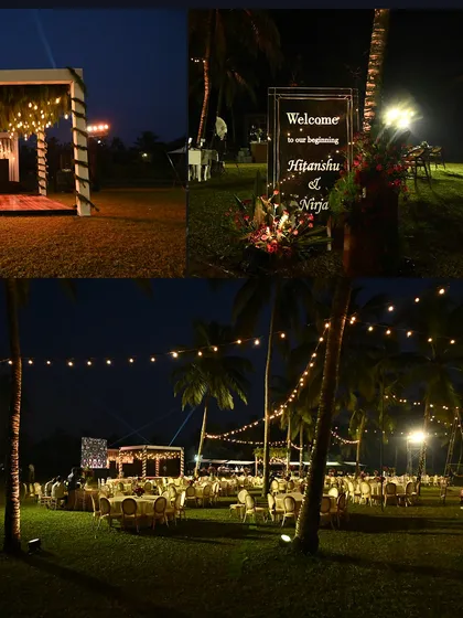 The reception entrance was marked with a personalized welcome sign, leading guests into a magical, starlit venue surrounded by palm trees.