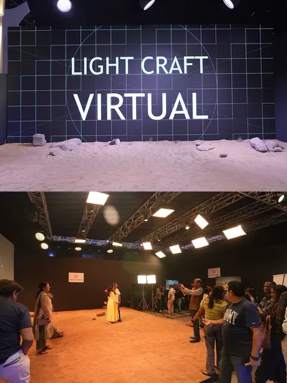 The "Light Craft Virtual" brand displayed prominently at our WAVES 2025 exhibition. The bottom image shows the crowd of visitors eager to learn about and experience our real-time filmmaking technology.