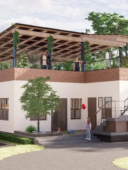 This render illustrates the exterior design of the Anganwadi. We used larger windows on the north side for morning light and smaller ones on the south to block harsh sun. A sandpit at the entrance and custom-designed windows with lower louvers for ventilation make the space both fun and practical.