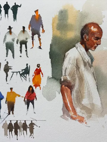 A collection of watercolor figure studies from one of my online classes. This sheet shows how I practice capturing different poses, clothing, and the essence of human figures quickly and effectively.