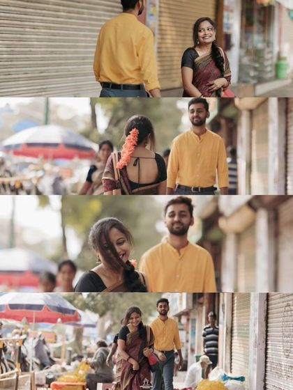 A collage of a couple's vintage-themed pre-wedding shoot in a bustling Mysuru market.