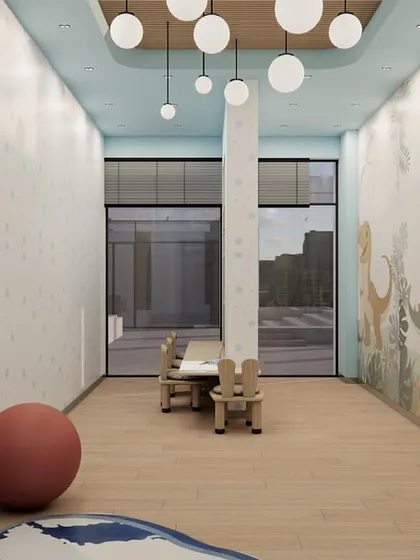 Designing for children requires a special balance of playfulness and practicality. In the crèche for the Shilpa Rathna clubhouse, I used a soft, imaginative wall mural and cheerful colors to spark creativity. The space is designed with safety in mind, featuring rounded forms and durable materials to create a fun and nurturing environment.