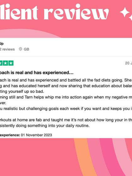 A 5-star review from Jp: "This coach is real and has experienced and battled all the fad diets going. She is inspiring and has educated herself and now sharing that education about balance."
