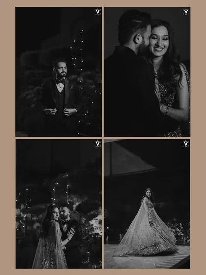 A collage of moody, black and white portraits from a sangeet night. The images capture the couple and the bride's stunning gown against the sparkling lights of the event.